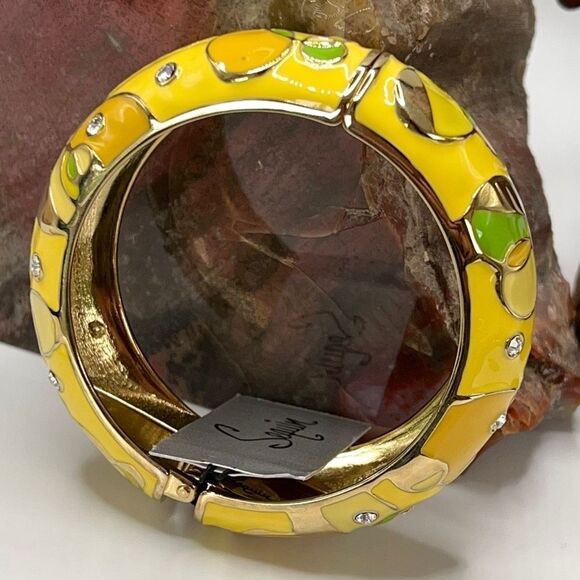 Yellow & Green  Enamel Geometric Pattern Accented with Clear Crystals in Gold Hi - Picture 6 of 11